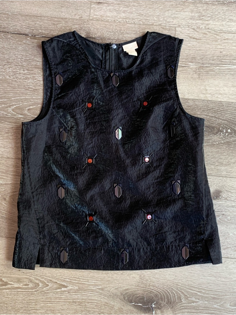 H&M Black Taffeta Metallic Beaded Embellished Top Flowers Blouse Size 8